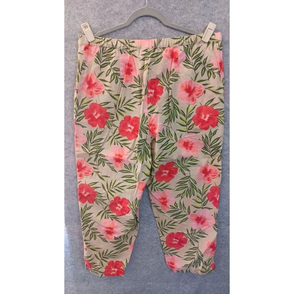Covington Pants Women 12 Tan Floral Linen Blend Cropped Lightweight 34x24 NWOT